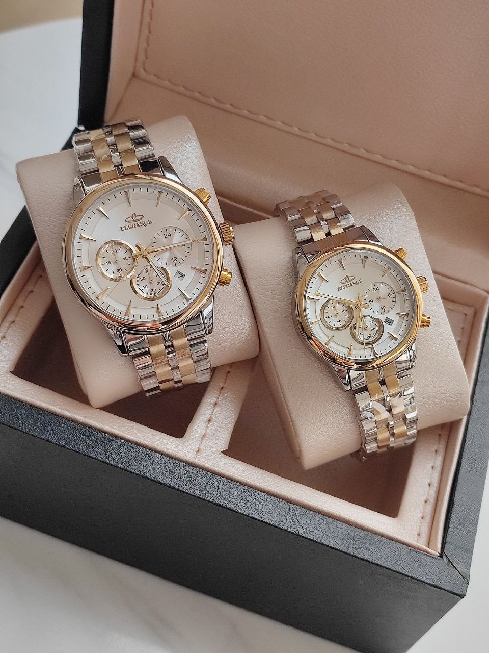 ست ساعت مردانه و زنانه الگانس اصل سه موتور فعال بند استیل