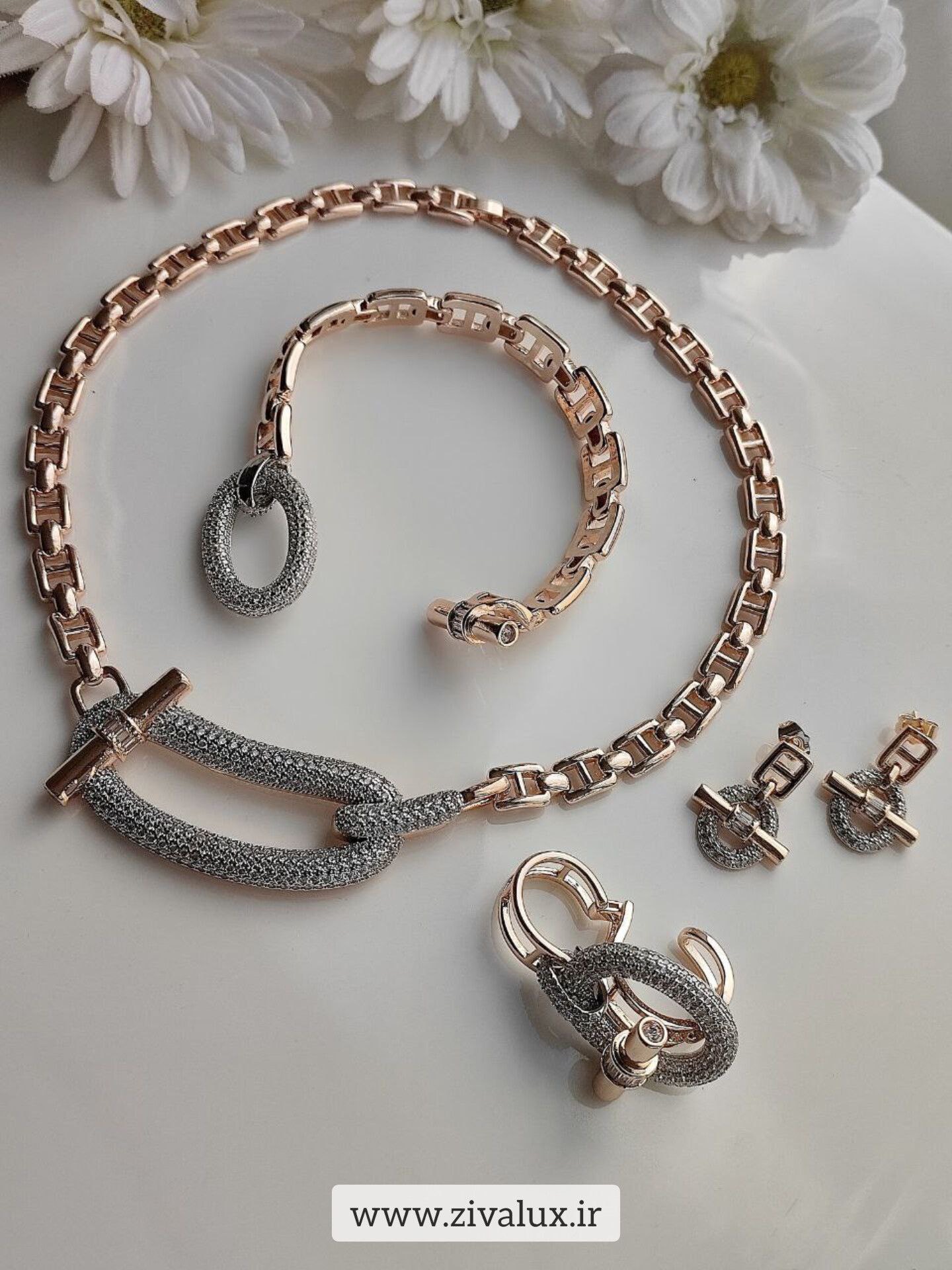 سرویس زنانه مارک هرمس HERMES نگین دار قفل تی T آبکاری طلا