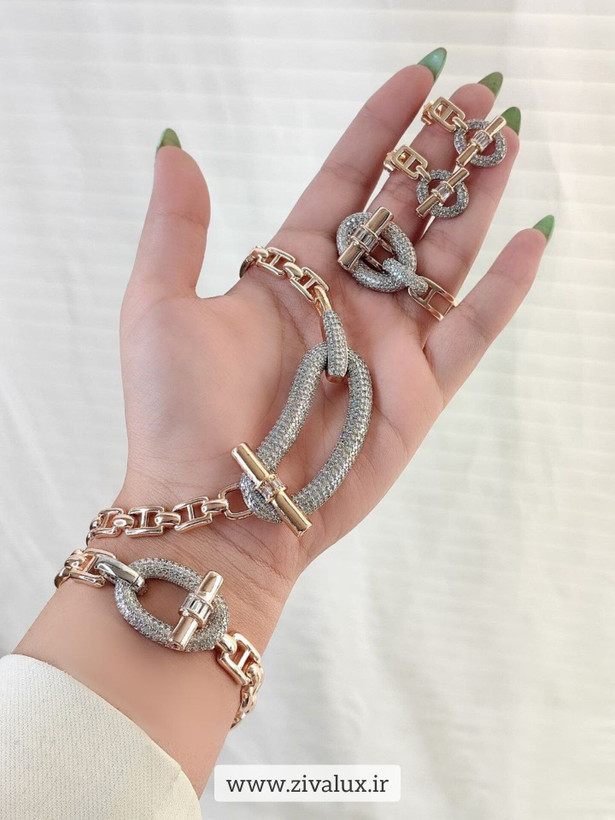 سرویس زنانه مارک هرمس HERMES نگین دار قفل تی T آبکاری طلا