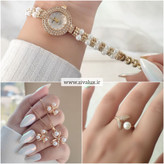 ست زنانه مرواریدی ( ساعت + انگشتر + گردنبند + گوشواره + همراه با جعبه شیک ) جنس استیل