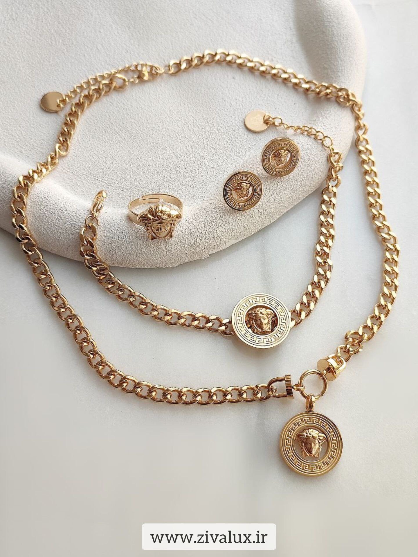 سرویس زنانه استیل مارک ورساچه VERSACE (گردنبند+دستبند+گوشواره+انگشتر)