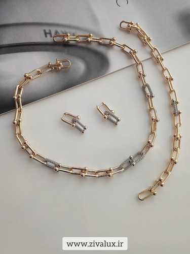 سرویس زنانه دو رنگ تیفانی TIFFANY نگین دار (7mil) قفل اورجینال (گردنبند+ دستبند+گوشواره)