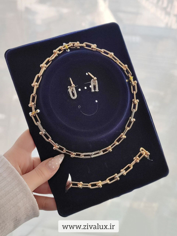 سرویس زنانه دو رنگ تیفانی TIFFANY نگین دار (7mil) قفل اورجینال (گردنبند+ دستبند+گوشواره)