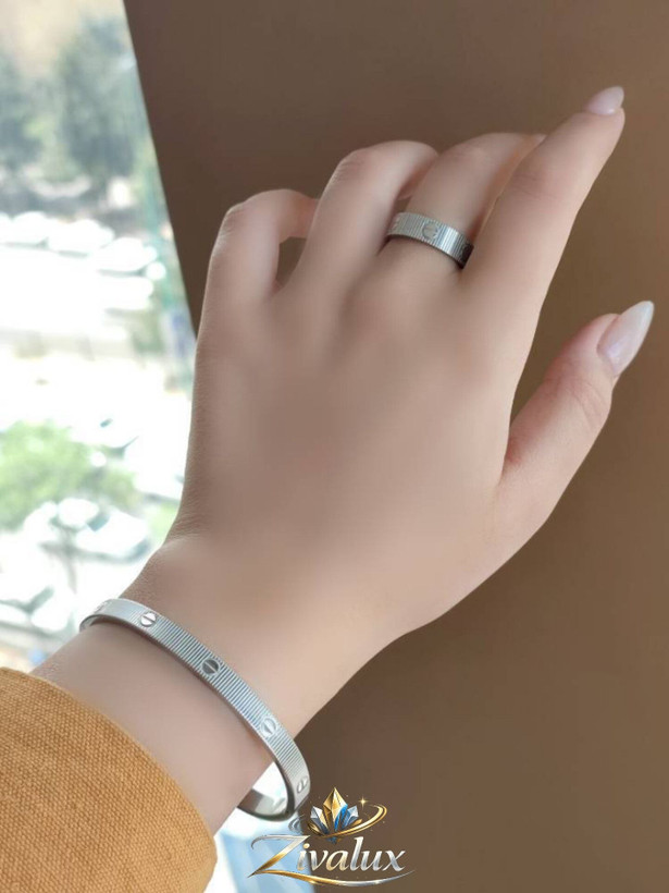 ست بنگل و انگشتر زنانه مدل کارتیر CARTIER رنگ نقره ایی