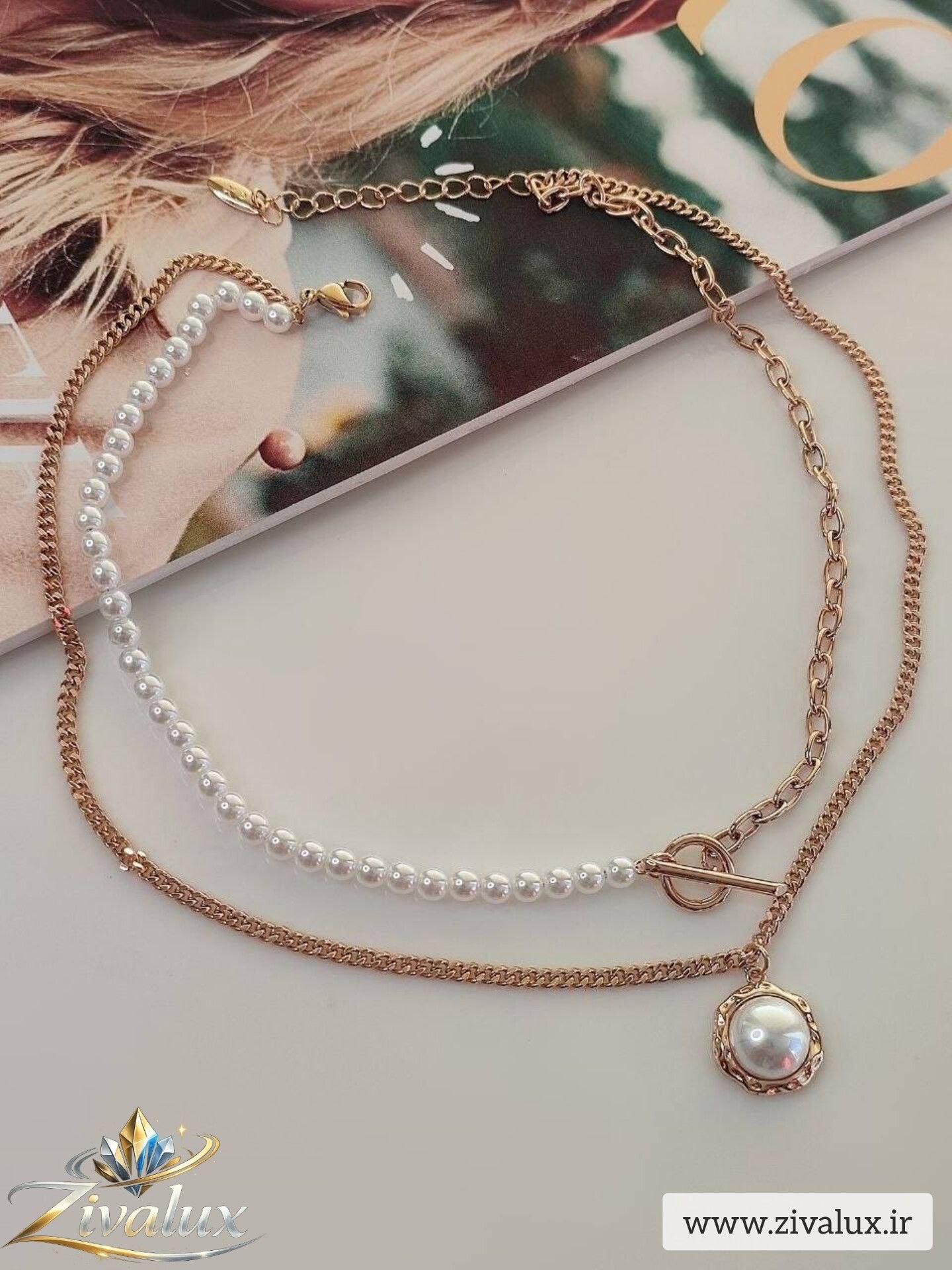 گردنبند زنانه دولاین مارک ژوپینگ XUPING قفل T تی مرواریدی
