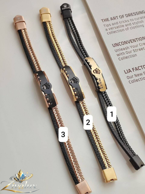 دستبند مردانه مارک رولکس ROLEX دو لاین استیل و چرم