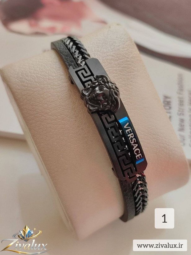 دستبند مردانه مارک ورساچه VERSACE دولاین استیل و چرم