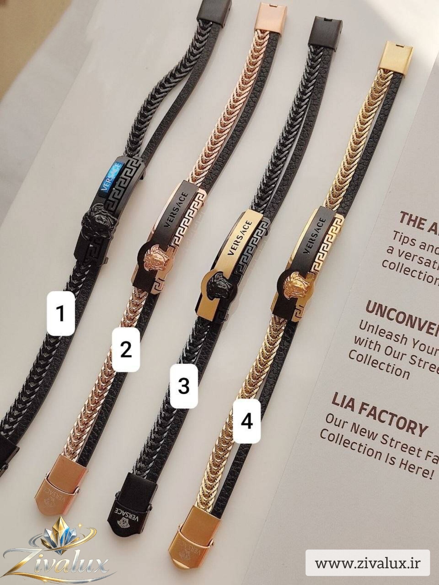 دستبند مردانه مارک ورساچه VERSACE دولاین استیل و چرم