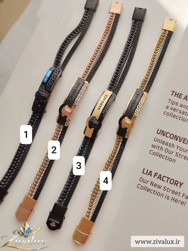 دستبند مردانه مارک ورساچه VERSACE دولاین استیل و چرم