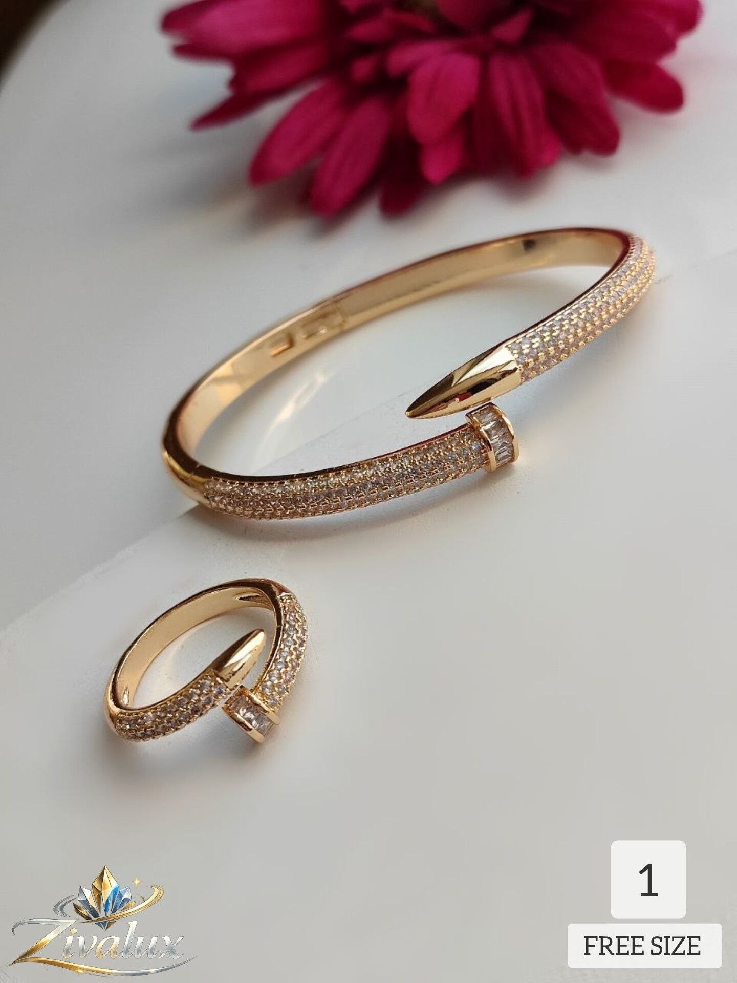 ست بنگل و انگشتر زنانه مدل میخی BANGLE نگین دار (فری سایز)
