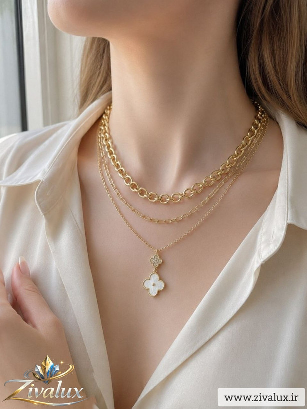 گردنبند زنانه سه لاین مدل ونکلیف VAN CLEEF نگین دار