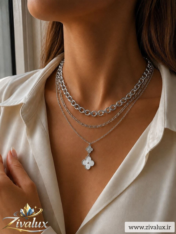 گردنبند زنانه سه لاین مدل ونکلیف VAN CLEEF نگین دار